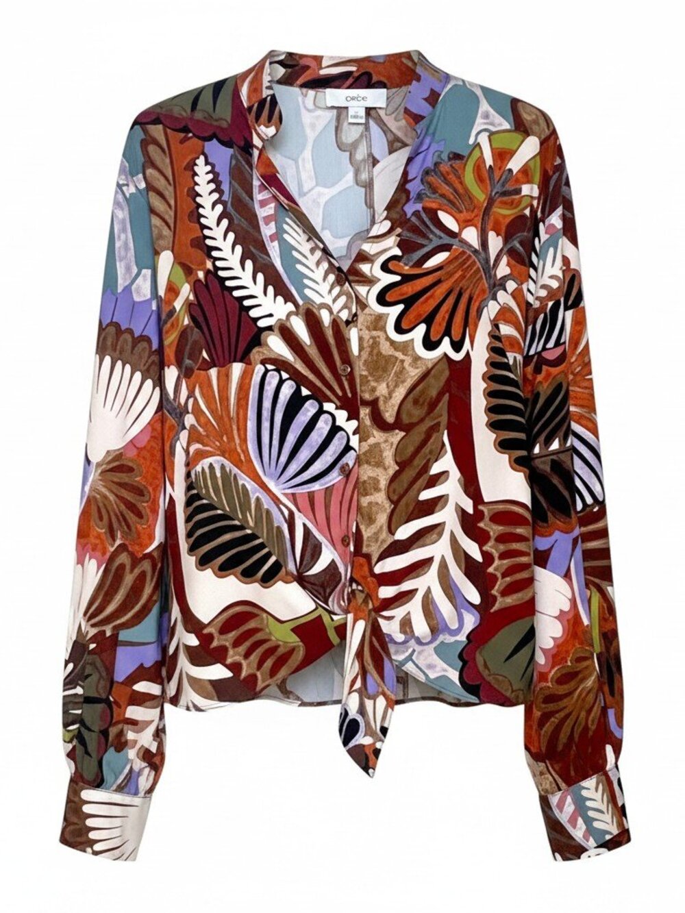 CeCe Women's Size L Button-Up Blouse Tie Front High Low Botanical Split Neck